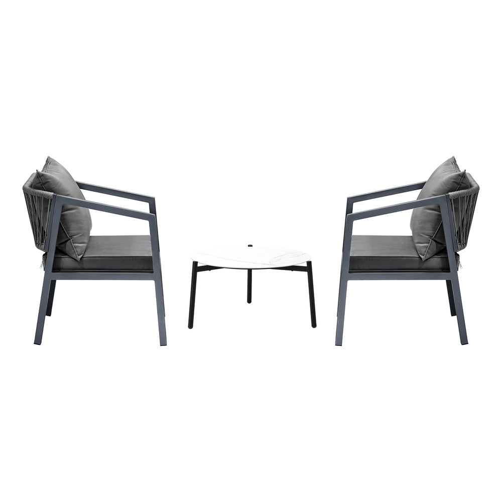 3PCS Outdoor Patio Set White 50cm Coffee Table Grey/Natural Chairs