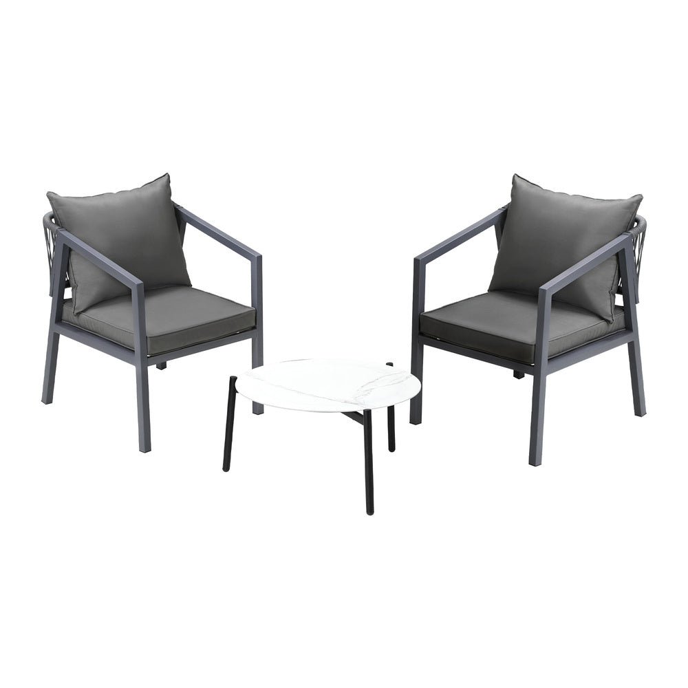 3PCS Outdoor Patio Set White 50cm Coffee Table Grey/Natural Chairs