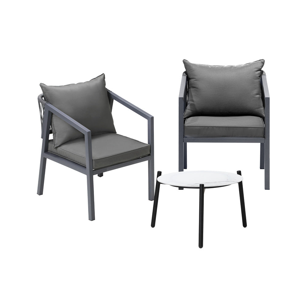 3PCS Outdoor Patio Set White 50cm Coffee Table Grey/Natural Chairs