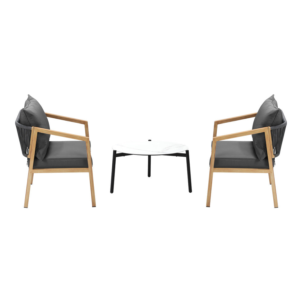 3PCS Outdoor Patio Set White 50cm Coffee Table Grey/Natural Chairs