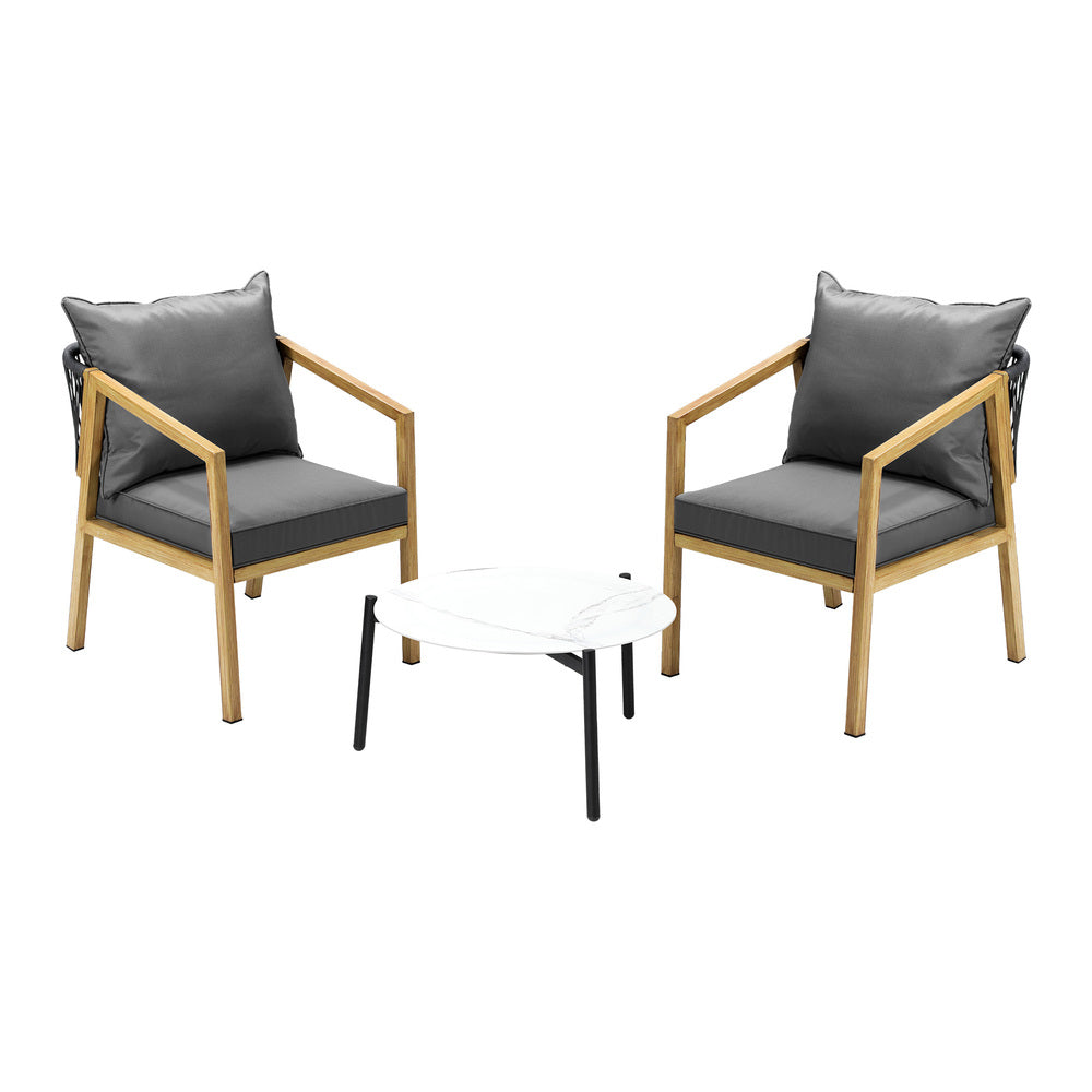 3PCS Outdoor Patio Set White 50cm Coffee Table Grey/Natural Chairs