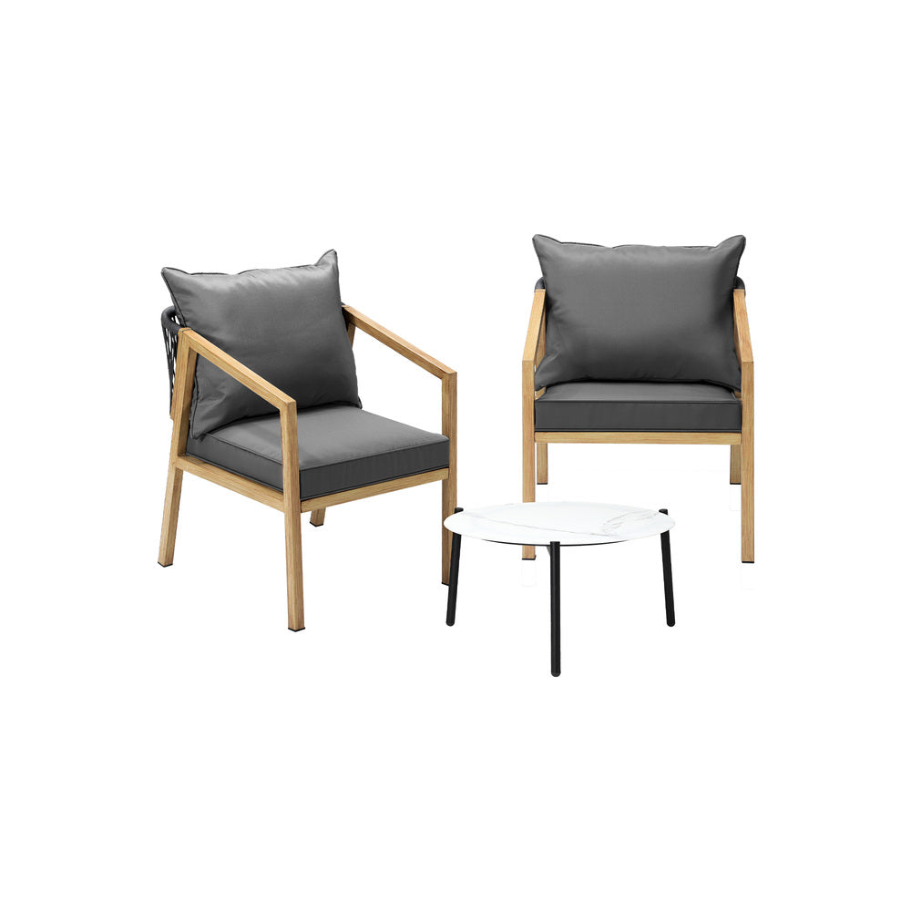 3PCS Outdoor Patio Set White 50cm Coffee Table Grey/Natural Chairs