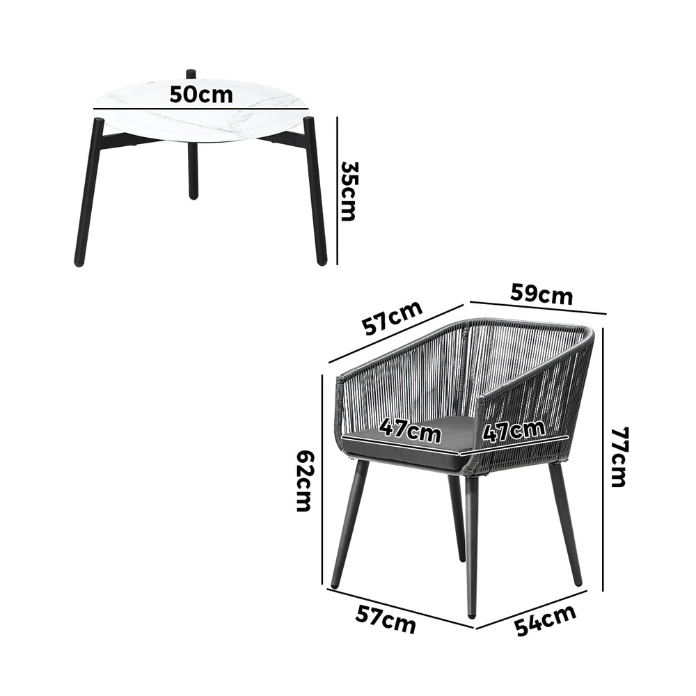 3PCS Outdoor Lounge Set 50cm Coffee Table Polyester Chair Rope
