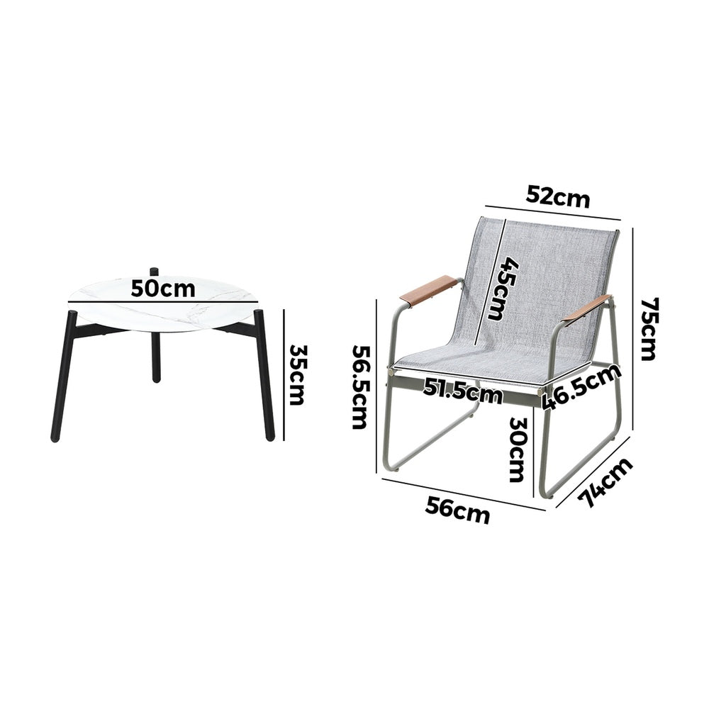 3PCS Outdoor Bistro Set Patio Chair 70cm Grey Table Textilene