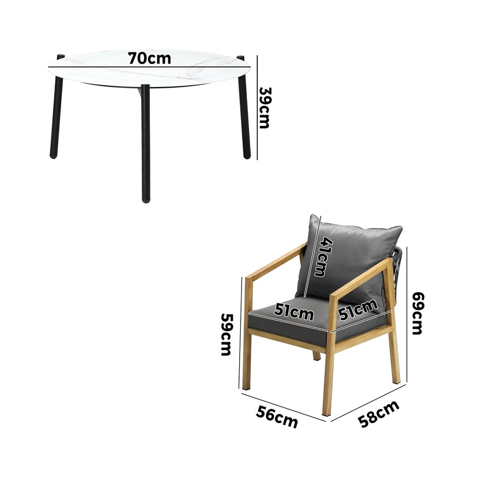 3PCS Outdoor Patio Set 70cm Coffee Table Natural Chairs