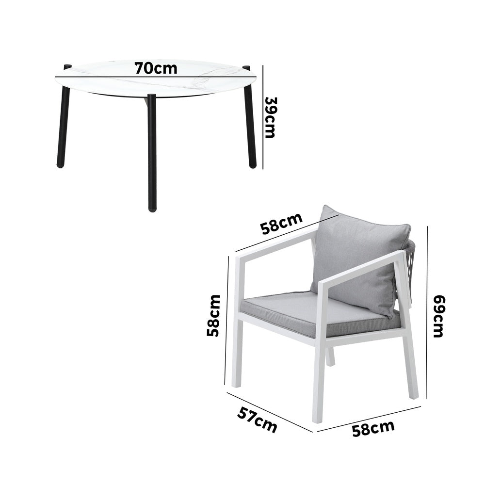 Outdoor Patio Set 70cm Coffee Table Grey and Natural/White Chairs