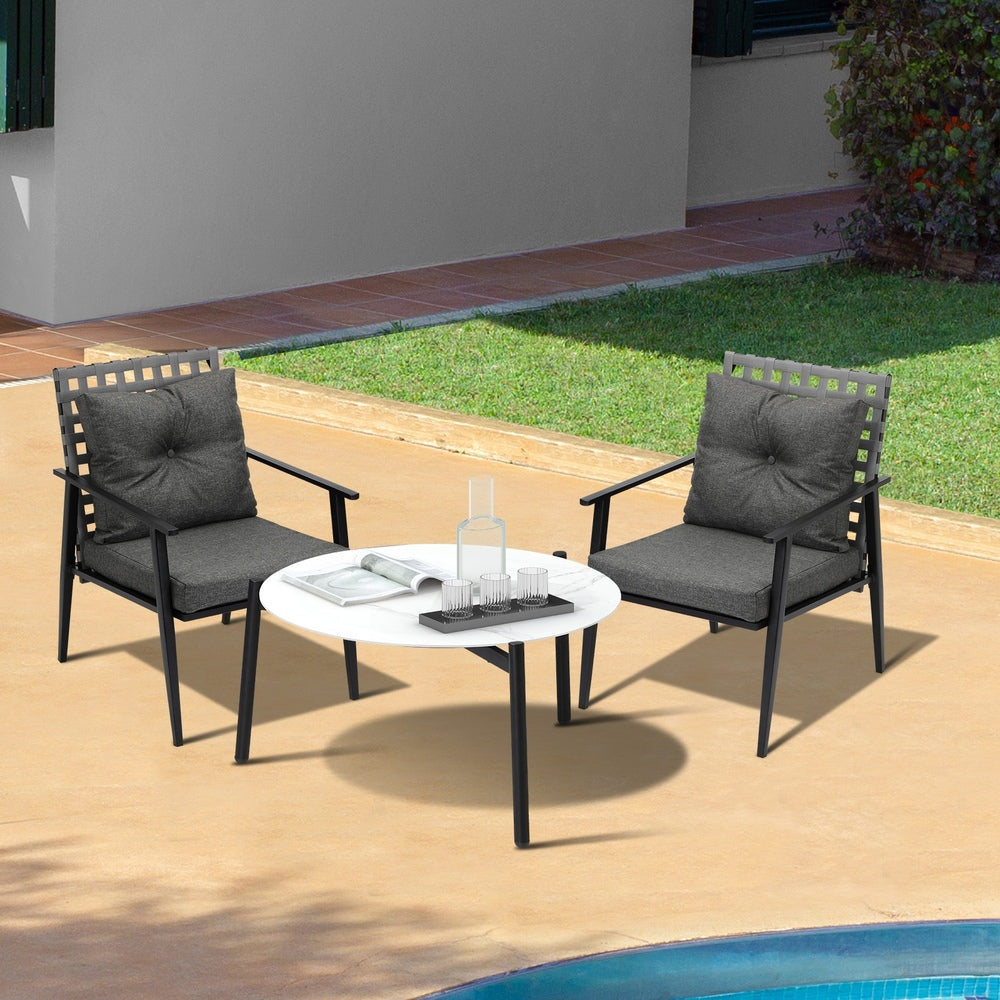 3PC Outdoor Patio Set 70CM Grey Marble Table Rattan Chairs