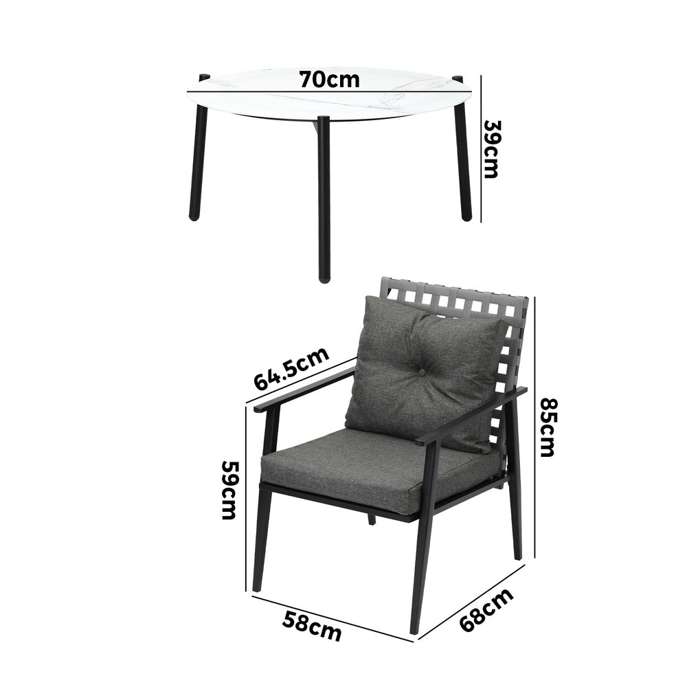 3PC Outdoor Patio Set 70CM Grey Marble Table Rattan Chairs