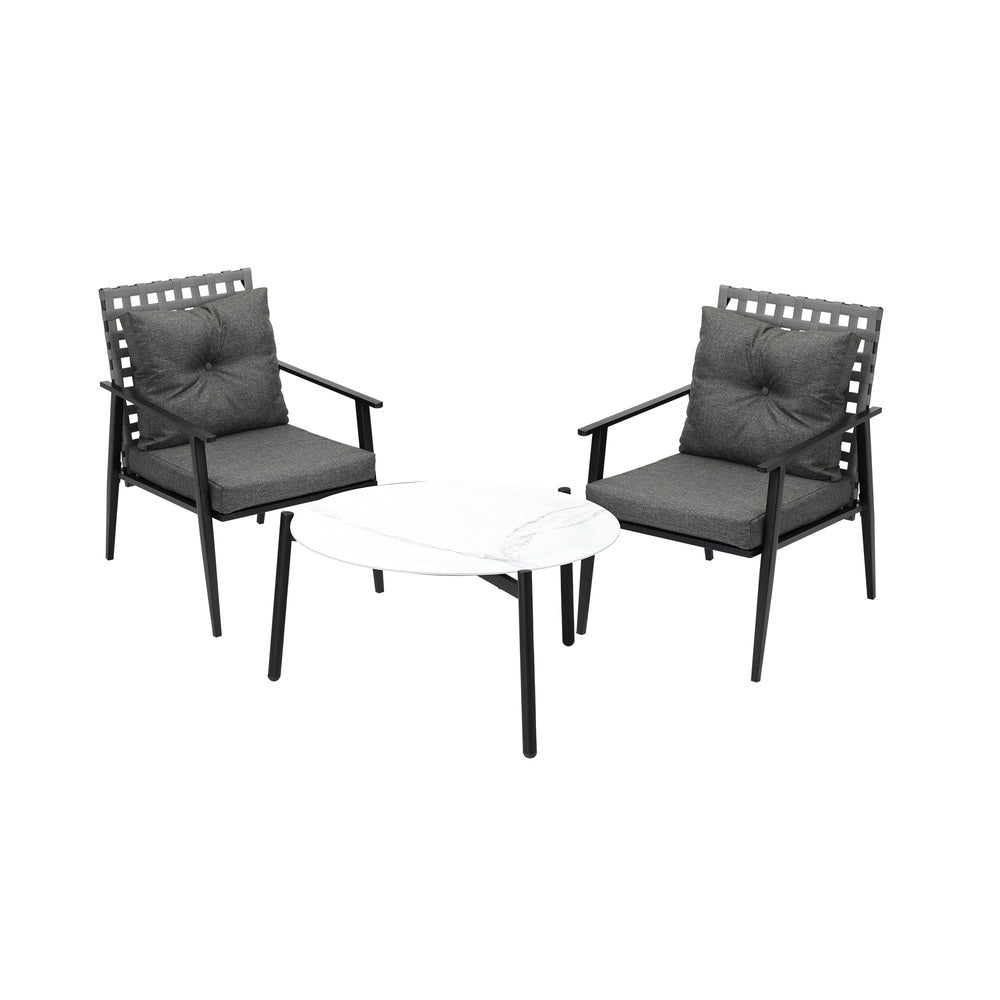 3PC Outdoor Patio Set 70CM Grey Marble Table Rattan Chairs