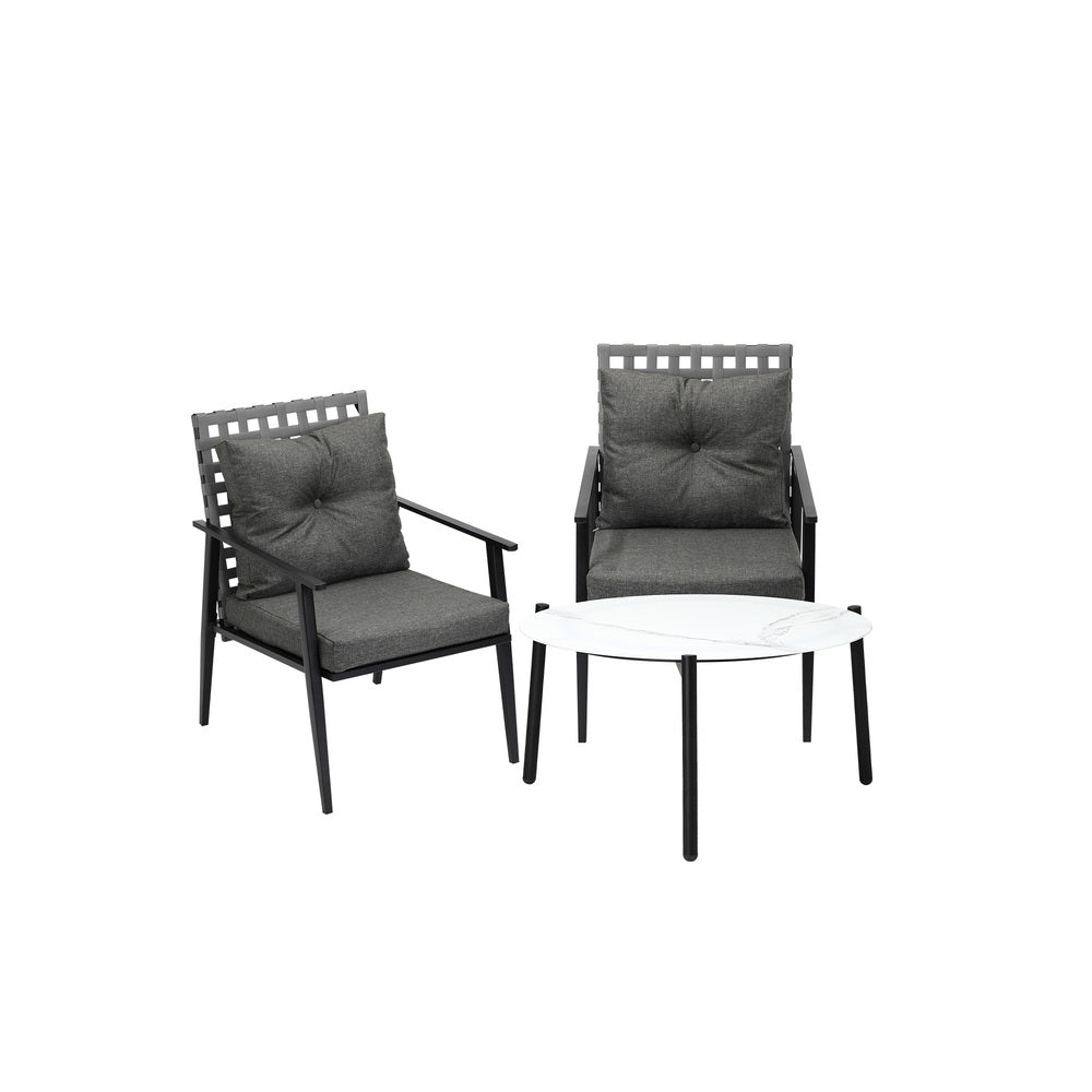 3PC Outdoor Patio Set 70CM Grey Marble Table Rattan Chairs