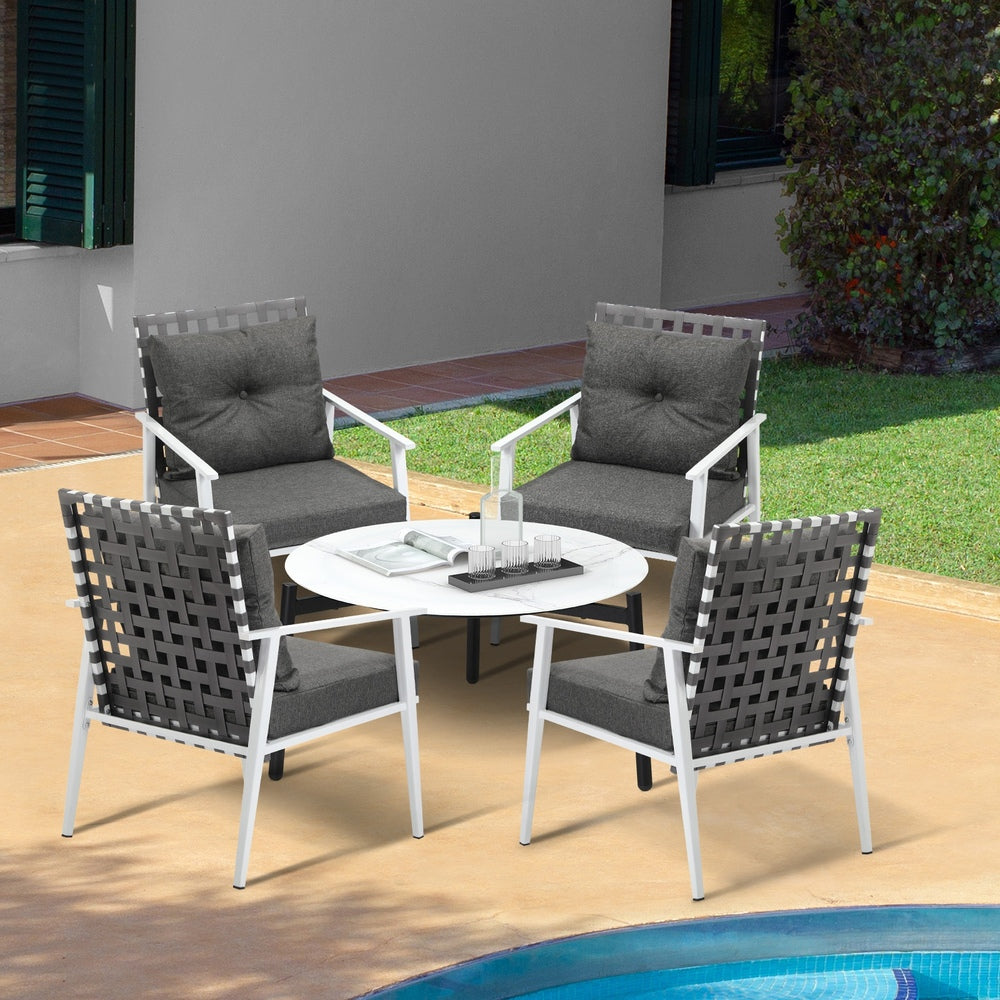 5pc Outdoor Patio Set 70CM Grey Marble Table Rattan Chairs