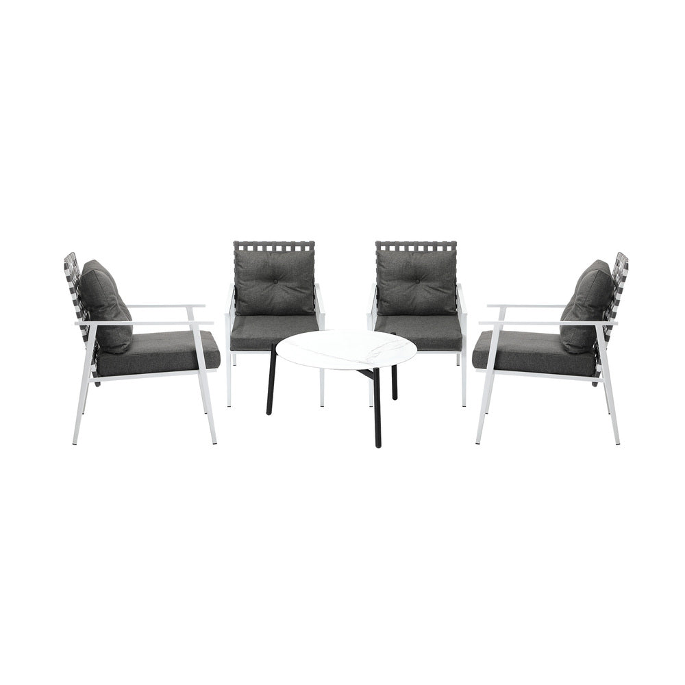 5pc Outdoor Patio Set 70CM Grey Marble Table Rattan Chairs