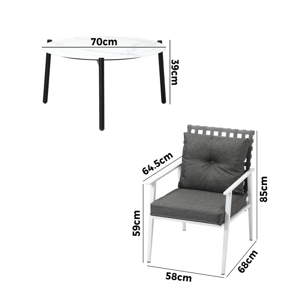 5pc Outdoor Patio Set 70CM Grey Marble Table Rattan Chairs