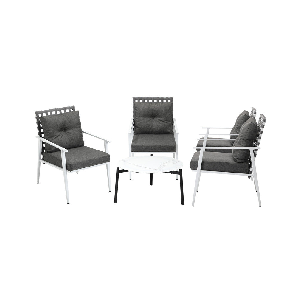 5pc Outdoor Patio Set 70CM Grey Marble Table Rattan Chairs