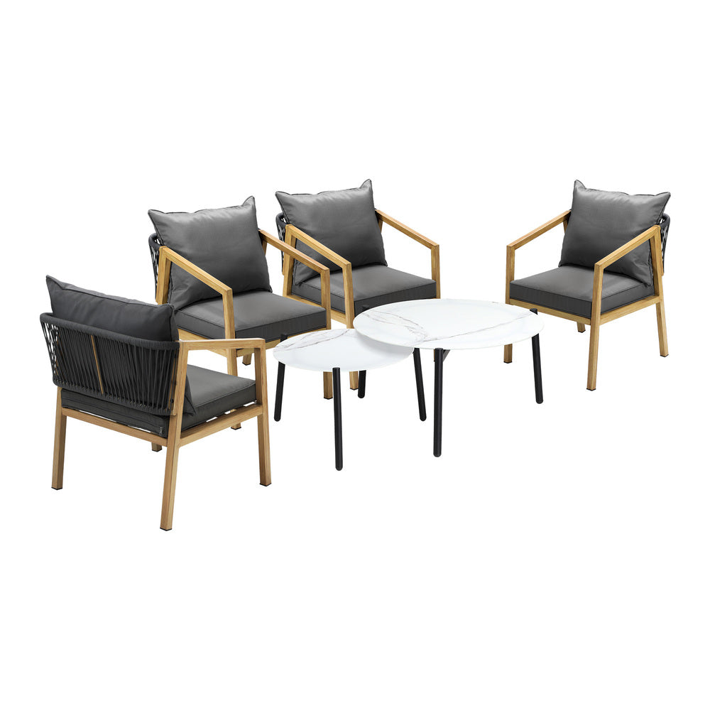 6PCS Outdoor Patio Set White 70cm Coffee Table Set Natural Chairs