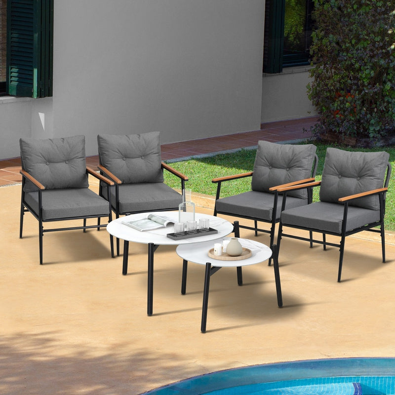 6 Piece Outdoor Patio Set White/Black Table Set Black Armchairs with Outdoor Patio Set