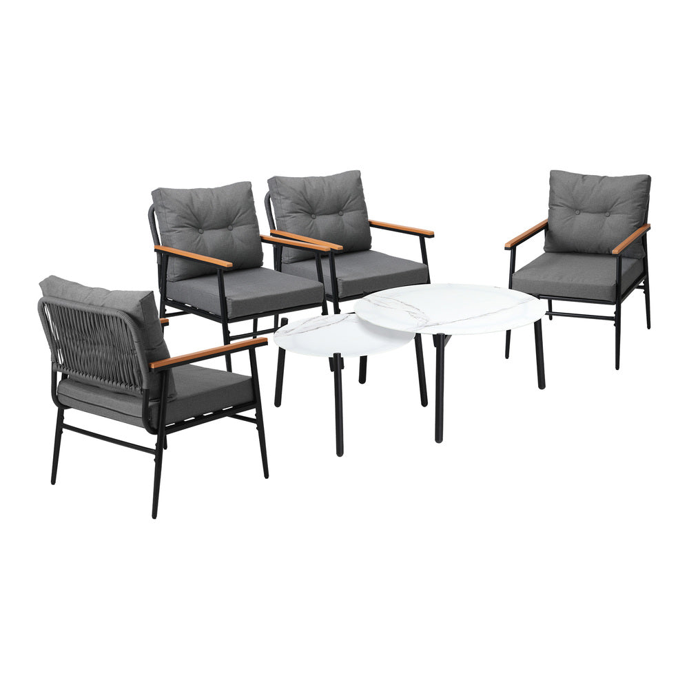 6 Piece Outdoor Patio Set White/Black Table Set Black Armchairs