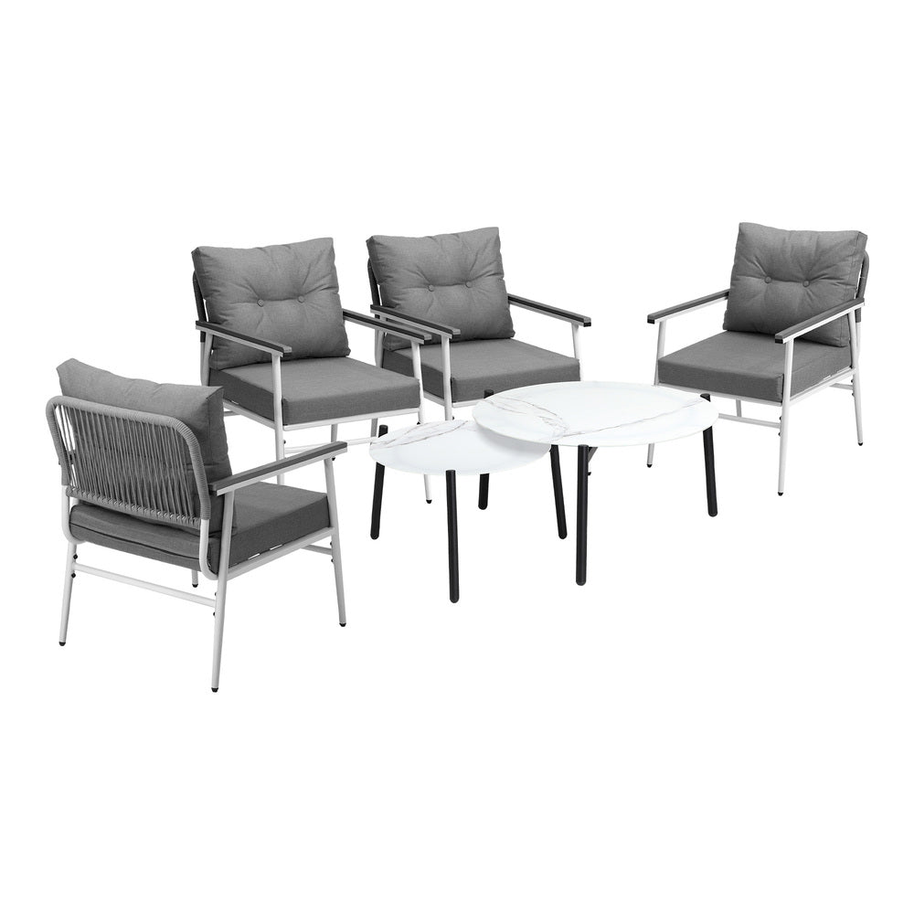6 Piece Outdoor Patio Set White/Black Table Set Black Armchairs