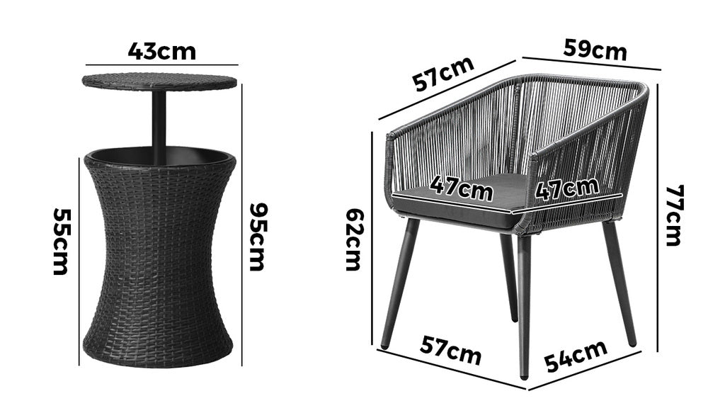 3PCS Outdoor Lounge Setting Ice Bucket Black/Brown Adjustable Table
