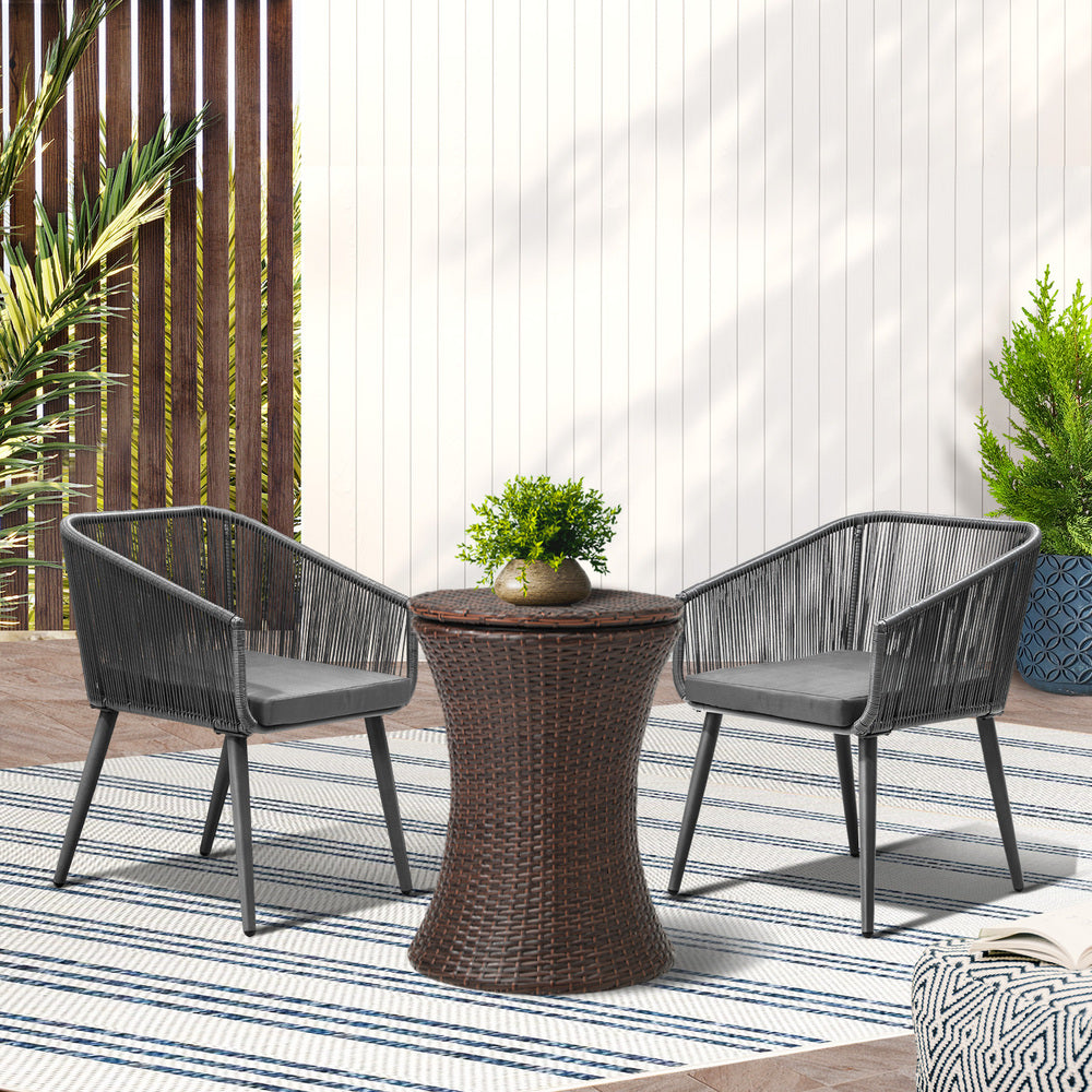 3PCS Outdoor Lounge Setting Ice Bucket Black/Brown Adjustable Table