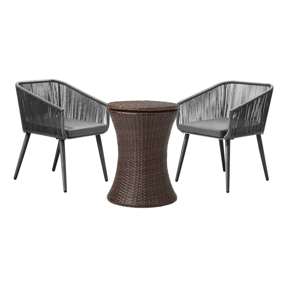 3PCS Outdoor Lounge Setting Ice Bucket Black/Brown Adjustable Table