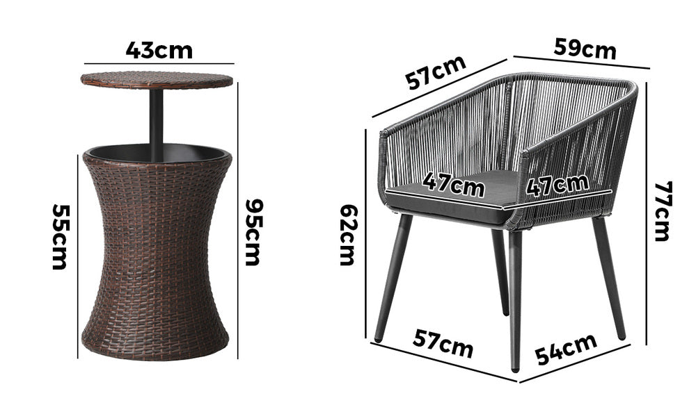 3PCS Outdoor Lounge Setting Ice Bucket Black/Brown Adjustable Table