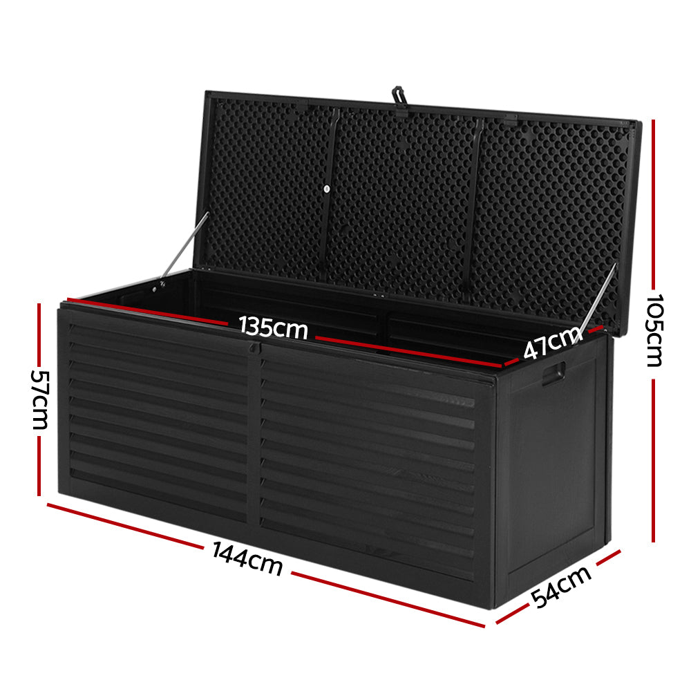 Outdoor Storage Box 390L Container Lockable Garden Bench Shed Tools Toy All Black, Black colour