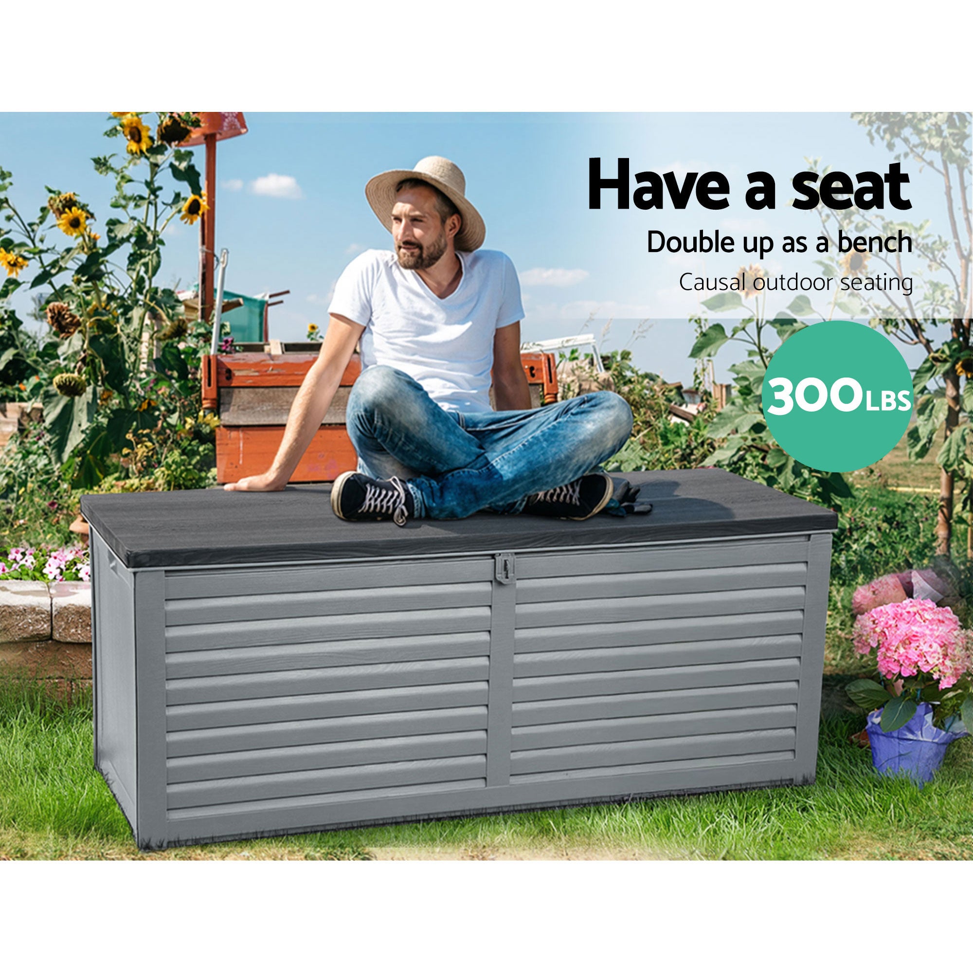 Outdoor Storage Box 390L Container Lockable Garden Bench Tools Toy Shed Black