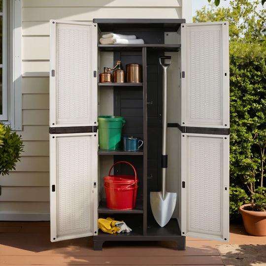 173Cm Outdoor Storage Cabinet Box Lockable Cupboard Sheds Rattan Beige, Rattan finish