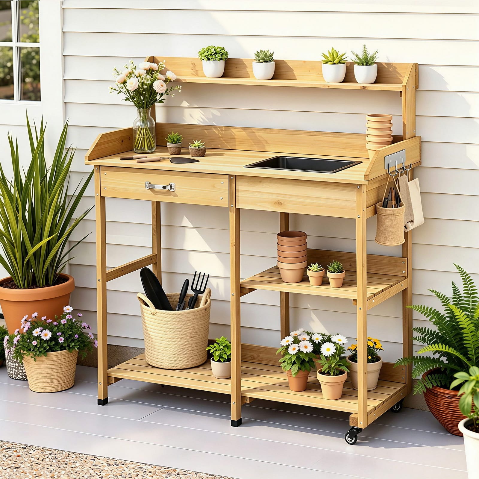 Outdoor Potting Bench Natural 105x41x123cm