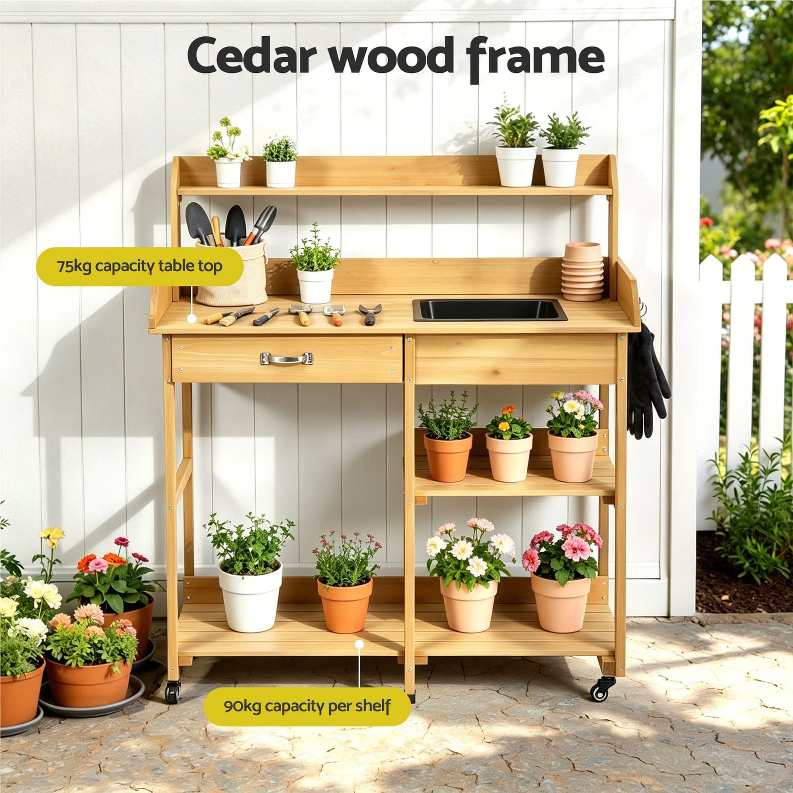 Outdoor Potting Bench Natural 105x41x123cm
