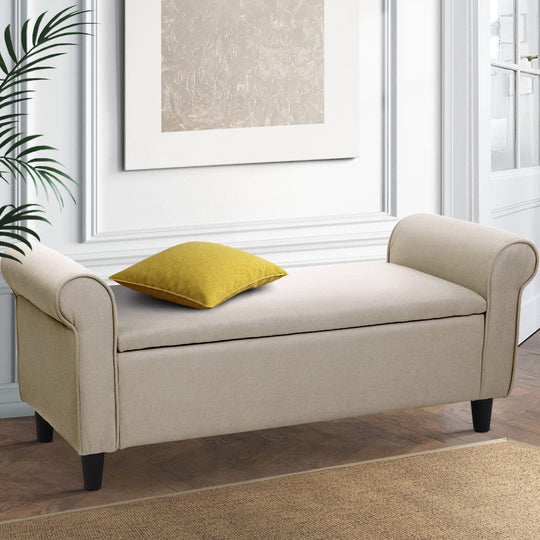 Artiss Fabric Foot Stool - Storage Ottoman Blanket Box 125cm Arm Linen Taupe