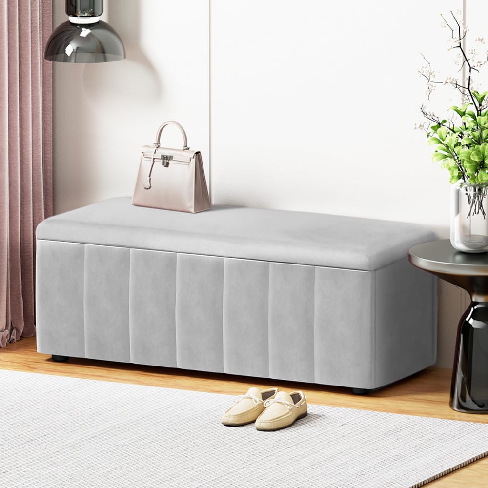 Velvet Storage Ottoman Grey 103x41.5x40cm
