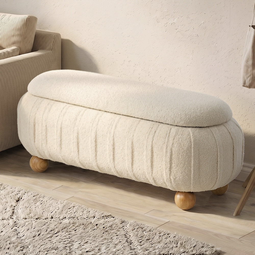 Boucle Storage Ottoman Oval Bench Beige | Simpledeals