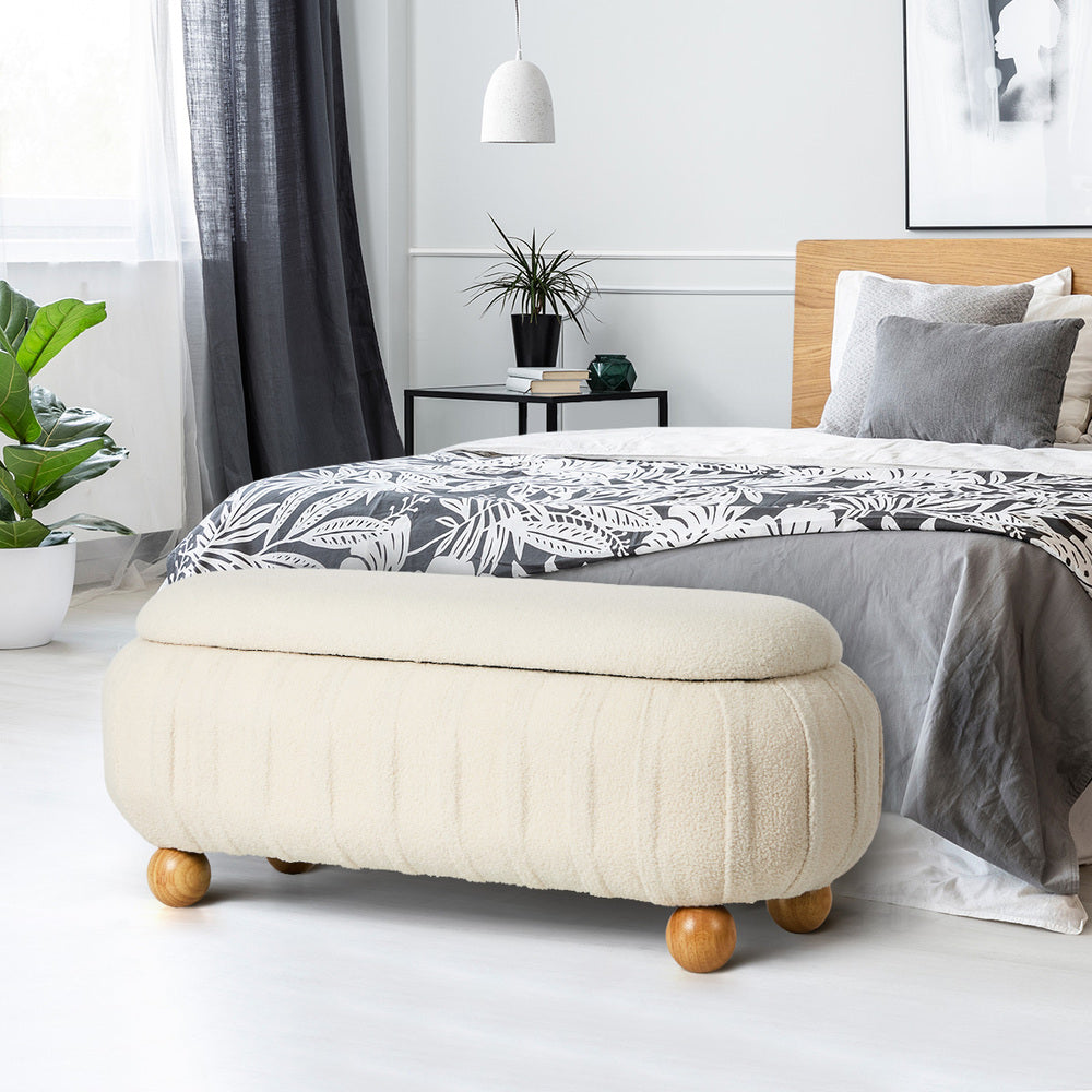 Boucle Storage Ottoman Oval Bench Beige | Simpledeals