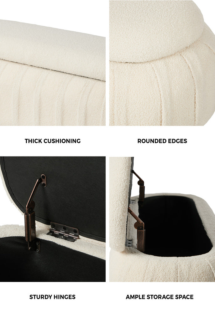 Boucle Storage Ottoman Oval Bench Beige | Simpledeals