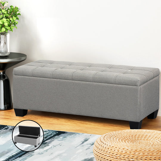 Storage Ottoman Blanket Box 97cm Button Linen Grey - Artiss Fabric Foot Stool