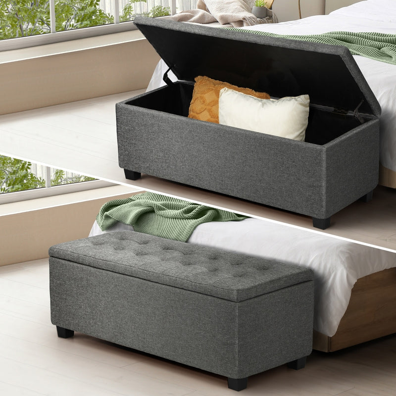 Ottoman Foot Stool: Spacious Toy Chest with Stylish Faux Linen Design-Grey\Light Grey | Multifunctional