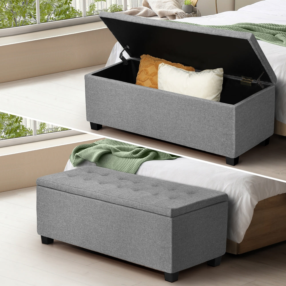 Ottoman Foot Stool: Spacious Toy Chest with Stylish Faux Linen Design-Grey\Light Grey