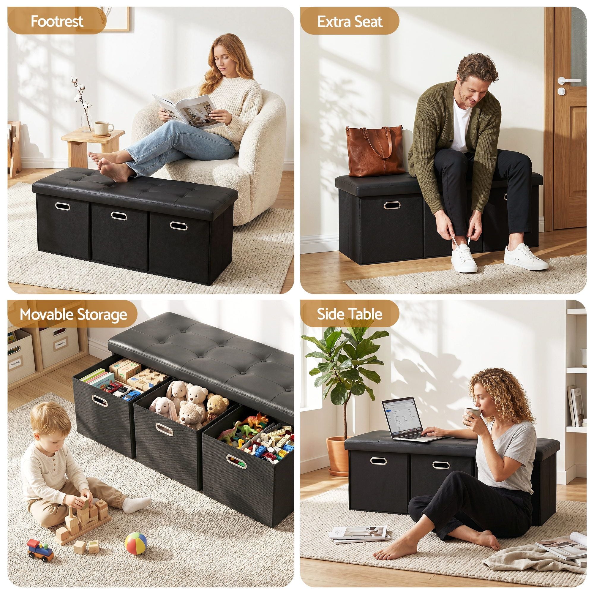 Storage Ottoman 3 Cube Drawers Footstool | Simpledeals