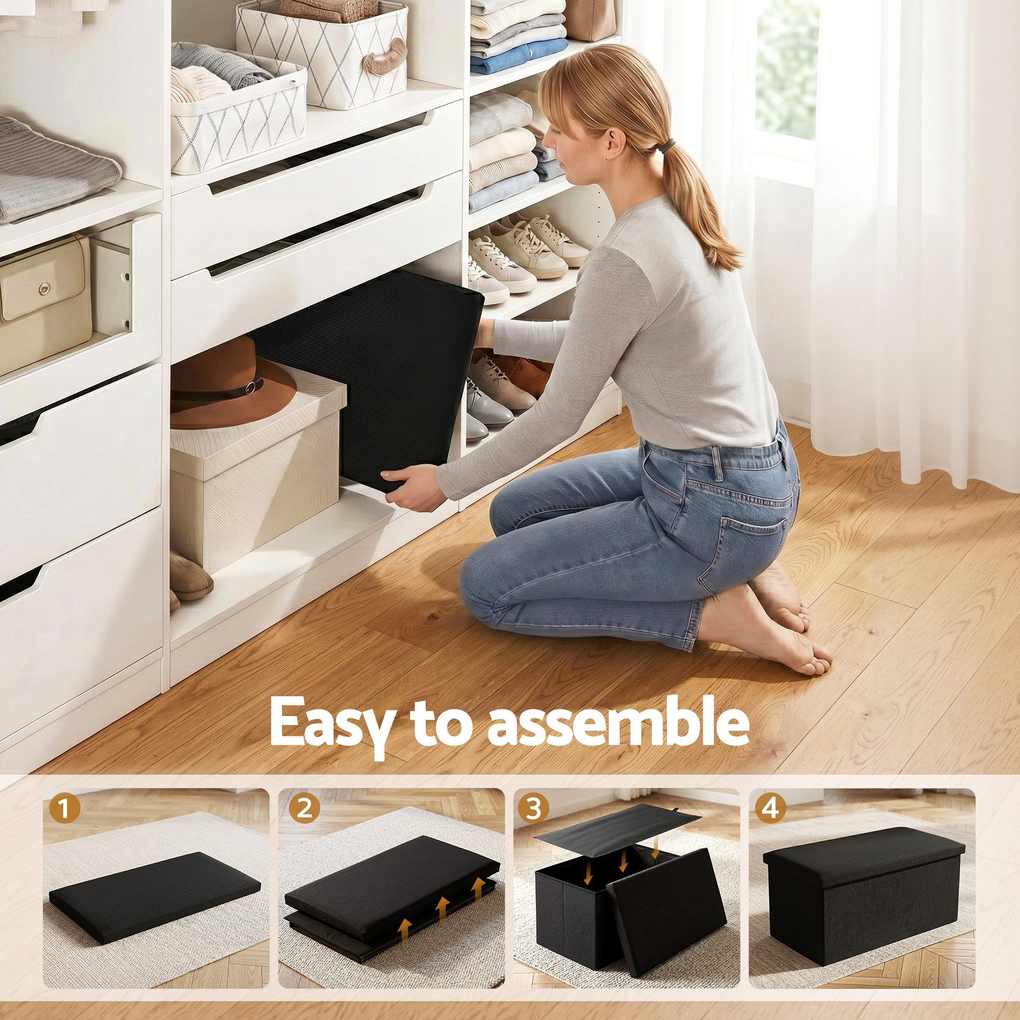 Storage Ottoman Bench Folding Blanket Box Black | Simpledeal