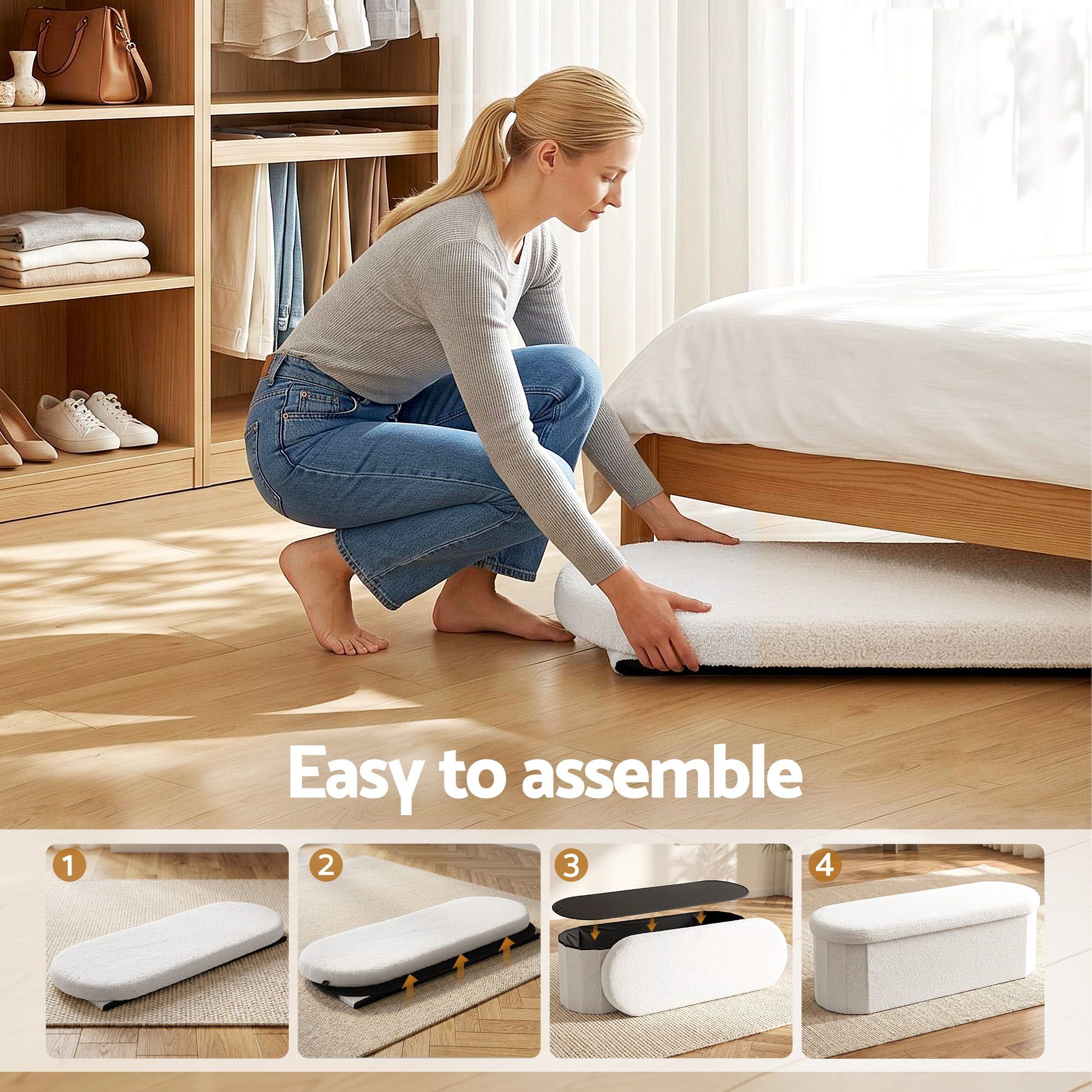 Boucle Storage Ottoman Foldable Footstool | Simpledeals