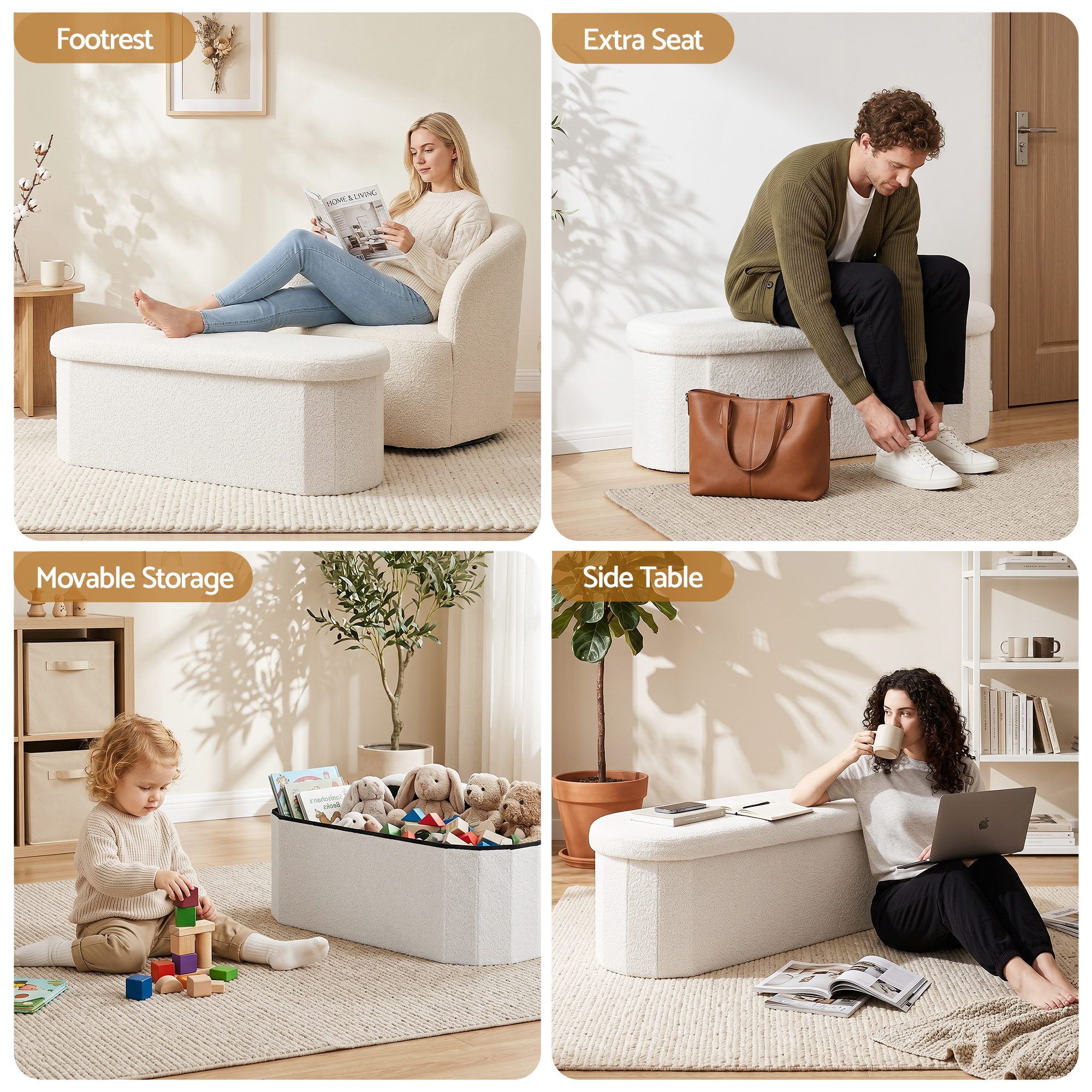 Boucle Storage Ottoman Foldable Footstool | Simpledeals