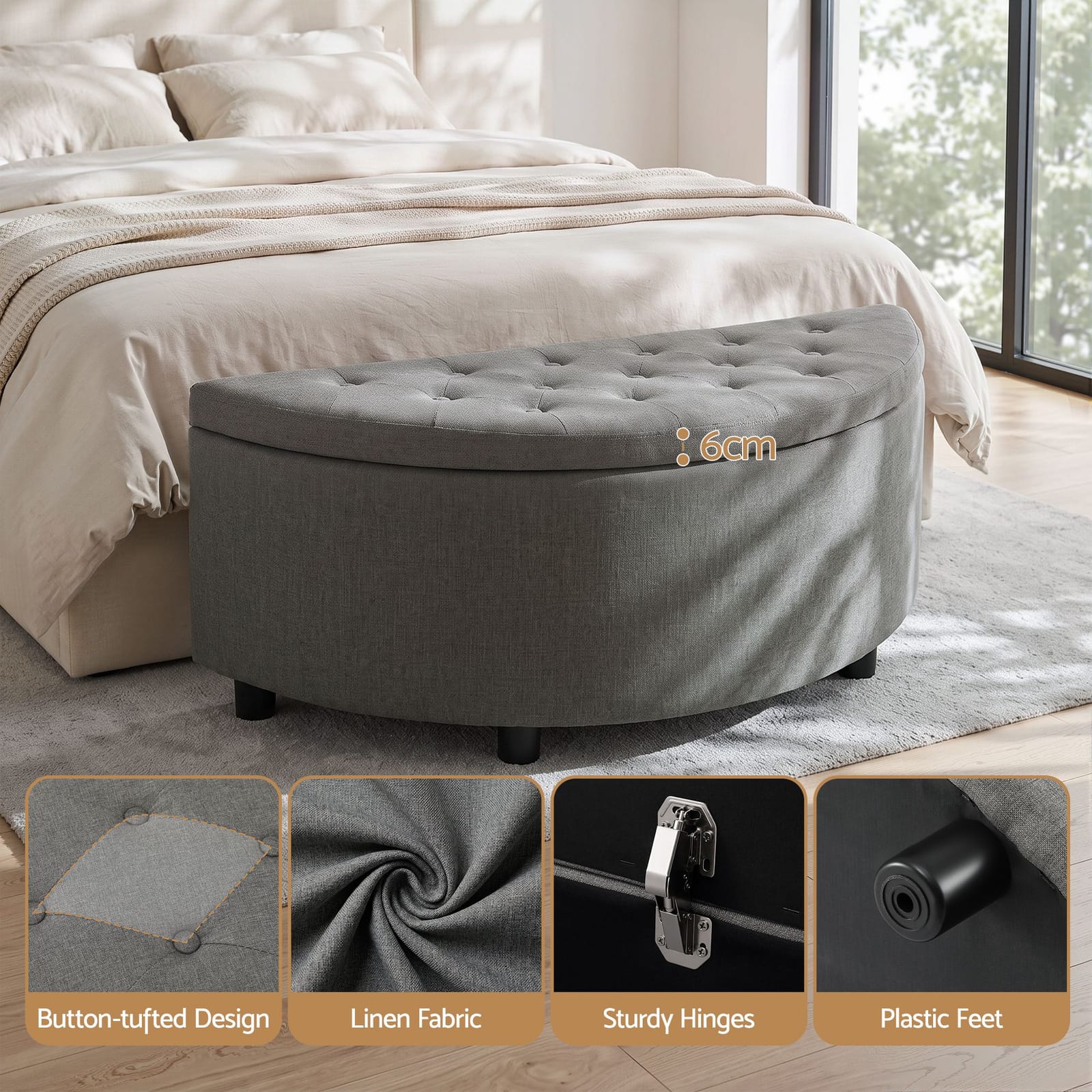 Grey Linen Ottoman Bench 110x41x46cm