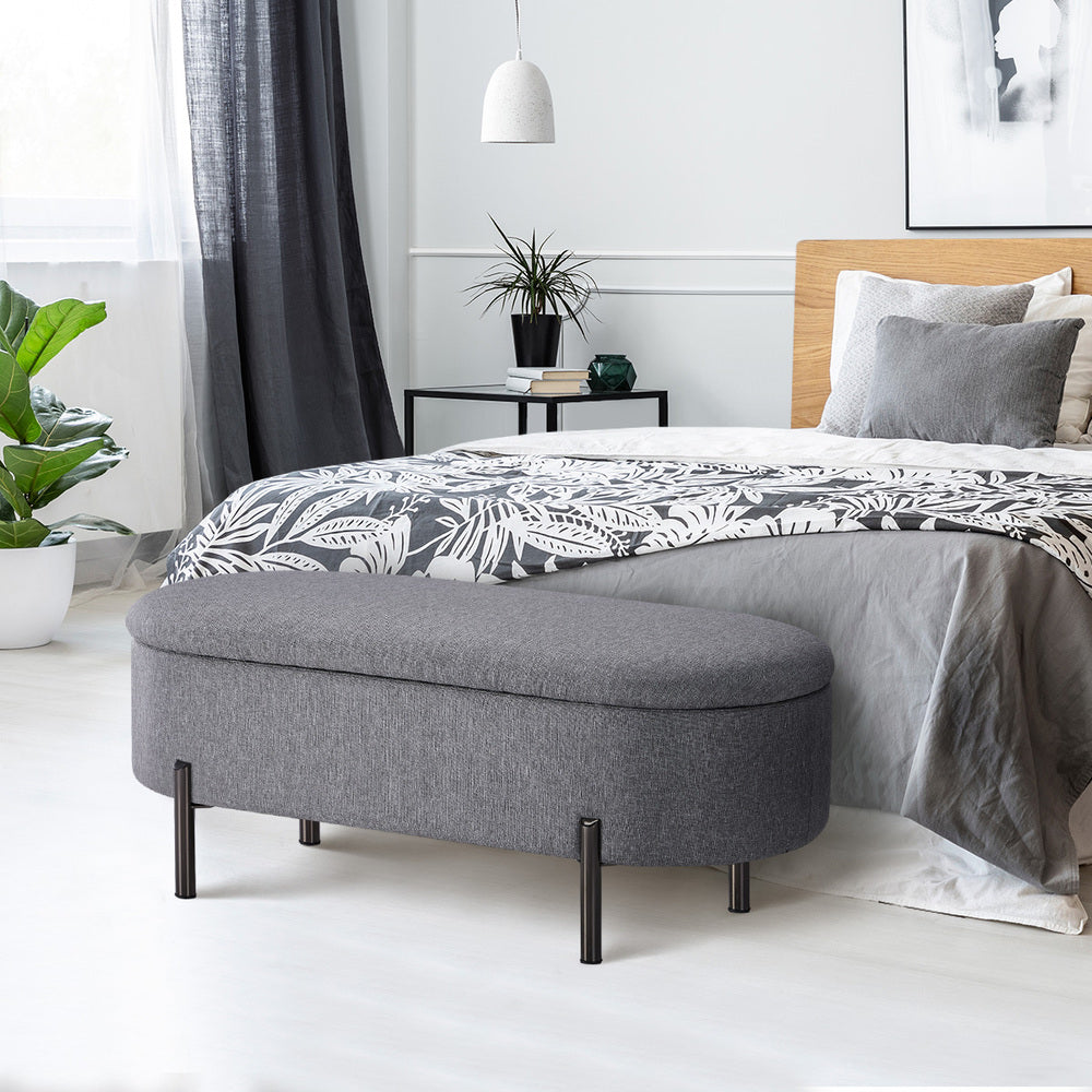 Storage Ottoman Bench Oval Blanket Linen Grey