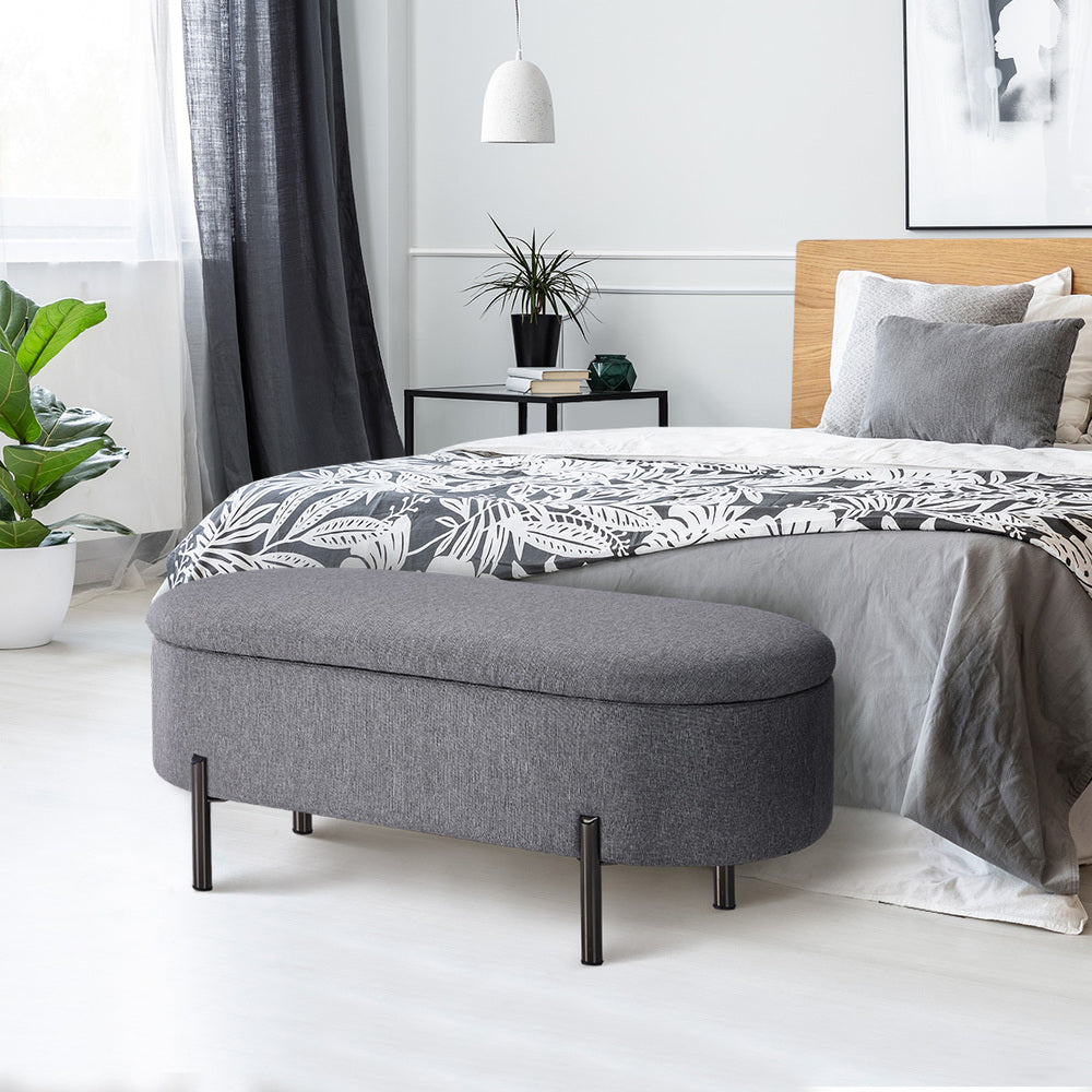 Storage Ottoman Bench Oval Blanket Linen/Sherpa