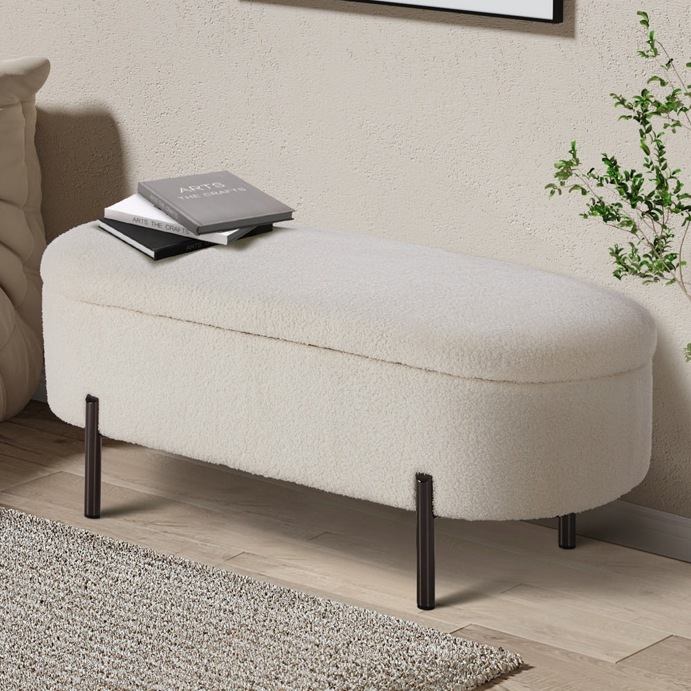 Storage Ottoman Bench Oval Blanket Box Sherpa White