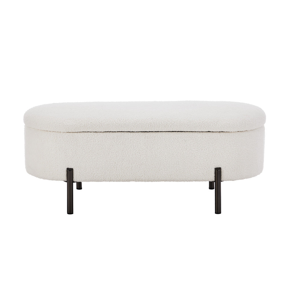 Storage Ottoman Bench Oval Blanket Linen Grey