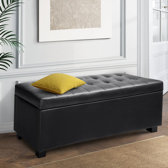Ottomans & Footstools - Storage Ottoman Blanket Box 97cm Leather Black