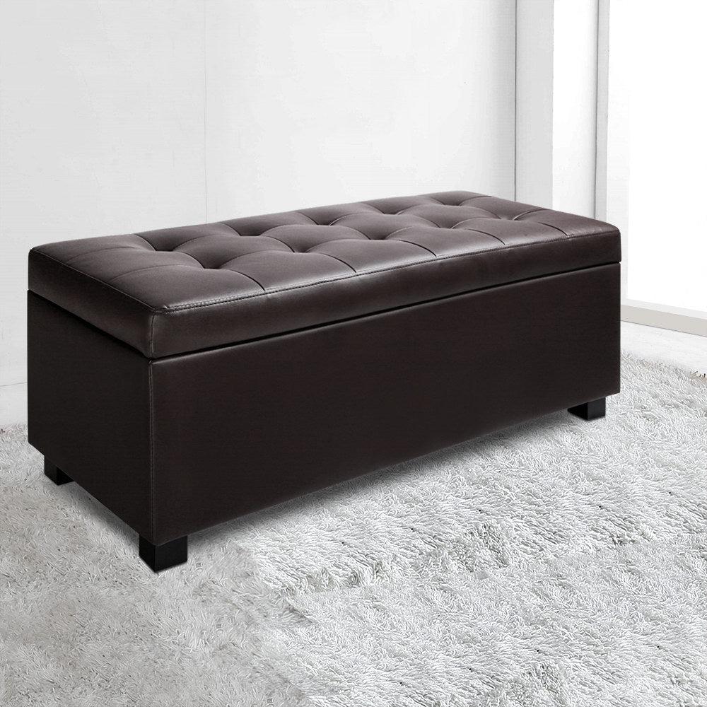 Storage Ottoman Blanket Box 97cm Brown Faux Leather Bench